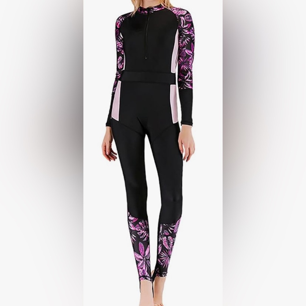 SBART women's one piece wetsuit surf suit black pink floral zip stirrup pant
